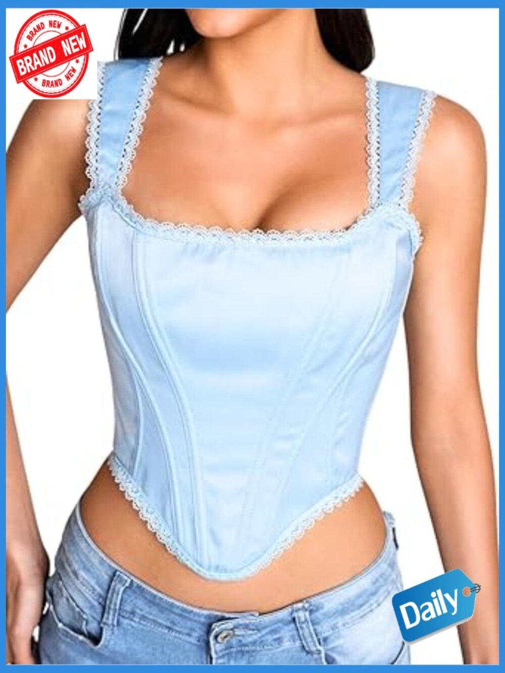Satin Corset Crop Top, Square Neck Lace Trim Bustier, Renaissance Fairy